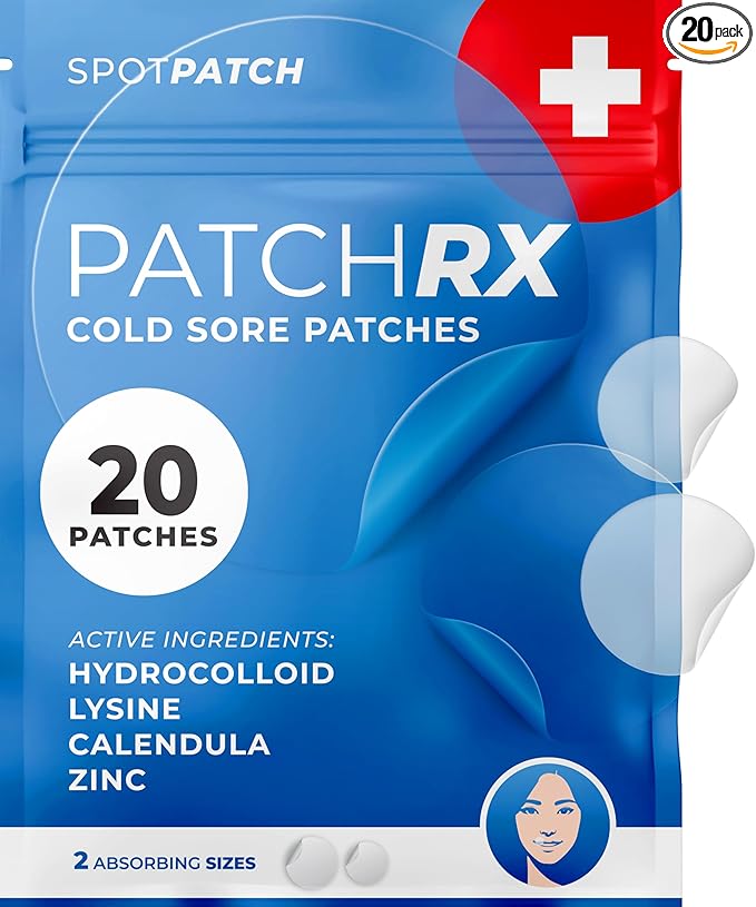 PatchRx Cold Sore Patches for Lips (20 Patches) Lysine, Calendula & Zinc – Hydrocolloid Cold Sore Patch for Lip Treatment (Overnight or Day-time Remedy), Fever Blister Patches